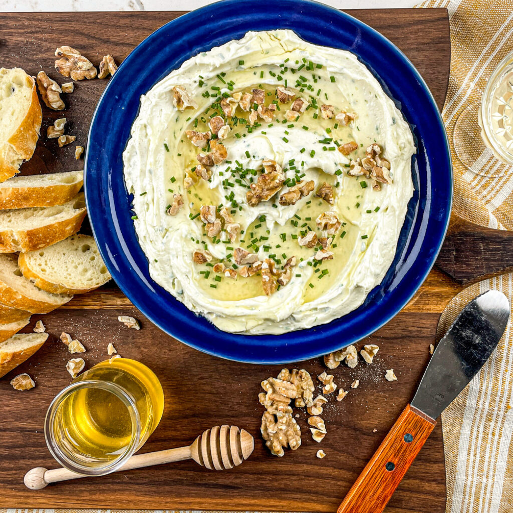 Whipped feta dip with bread, honey and walnuts