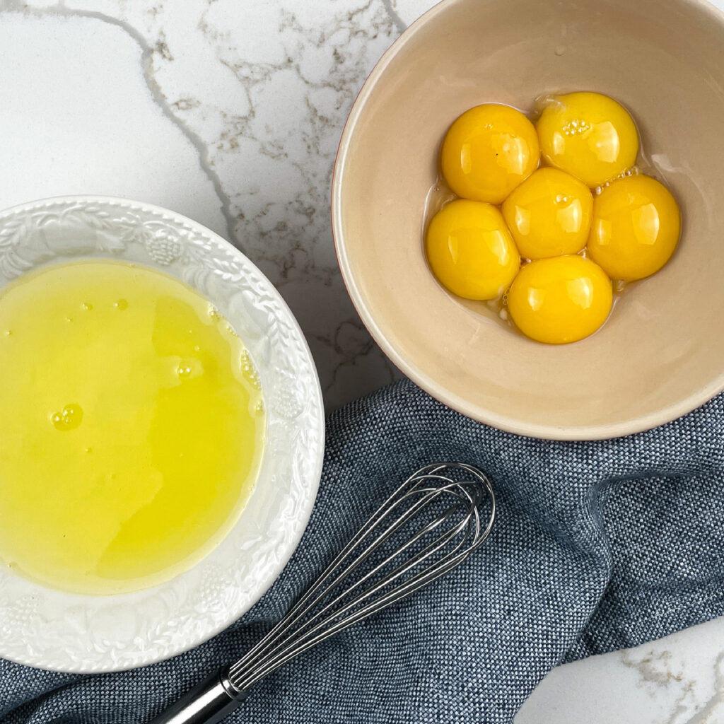 Six separated egg yolks and egg whites