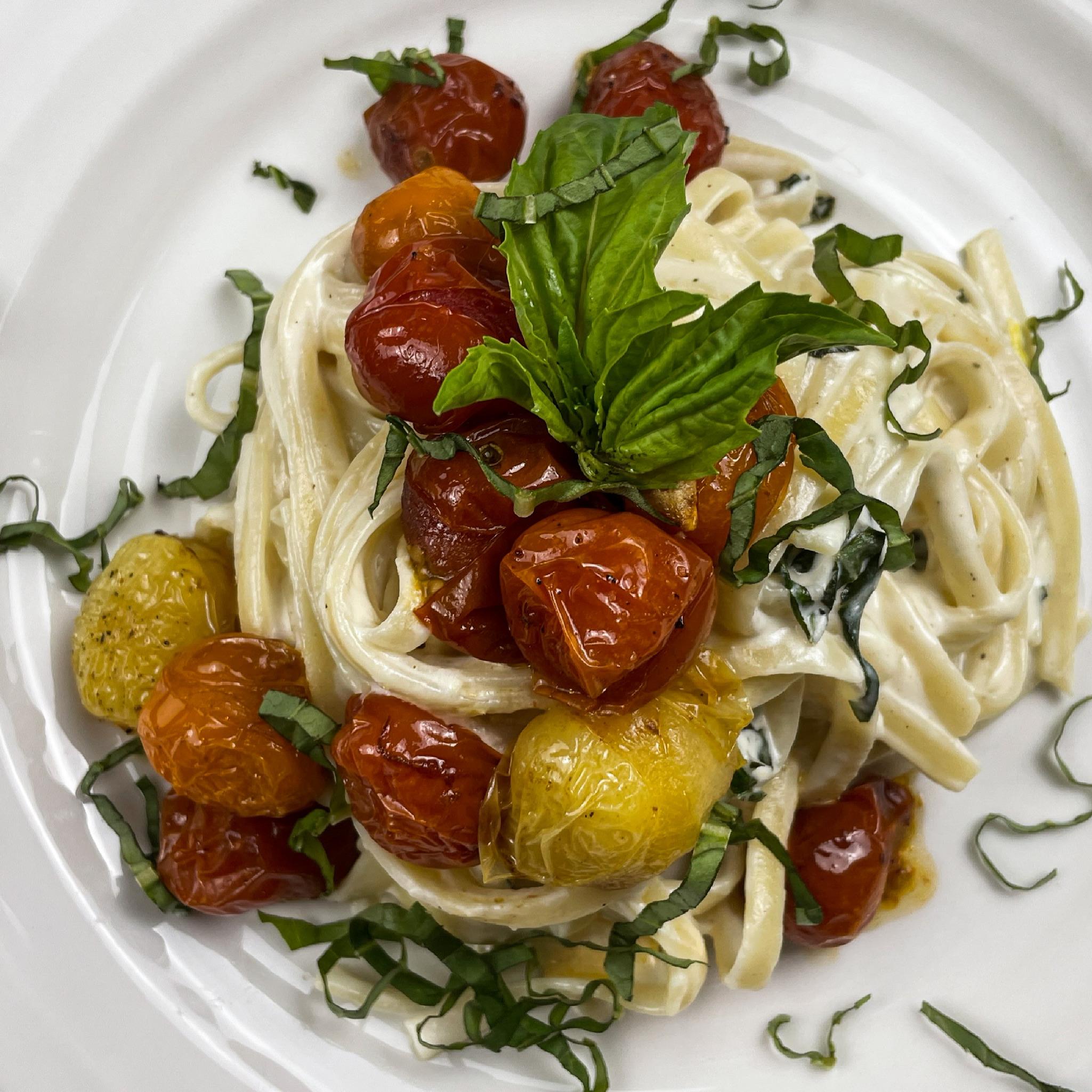 Goat Cheese Pasta With Balsamic Roasted Tomatoes ~ Rhubarb & Lavender