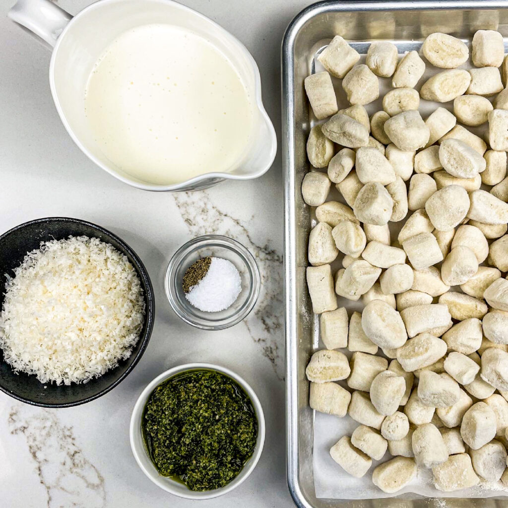 Ingredients for gnocchi with pesto cream sauce