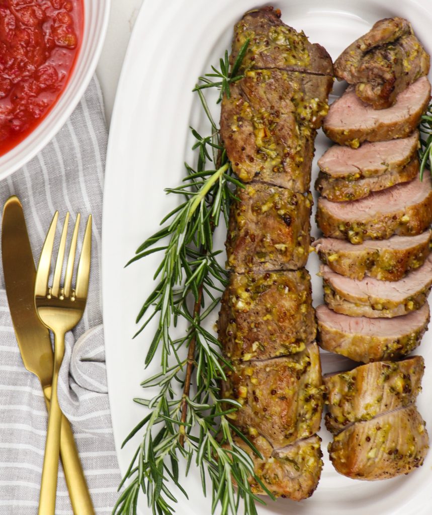 Rosemary Dijon Pork Tenderloin with a side of rhubarb compote