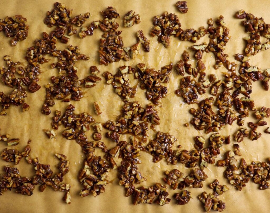 Sheet pan of candied pecans