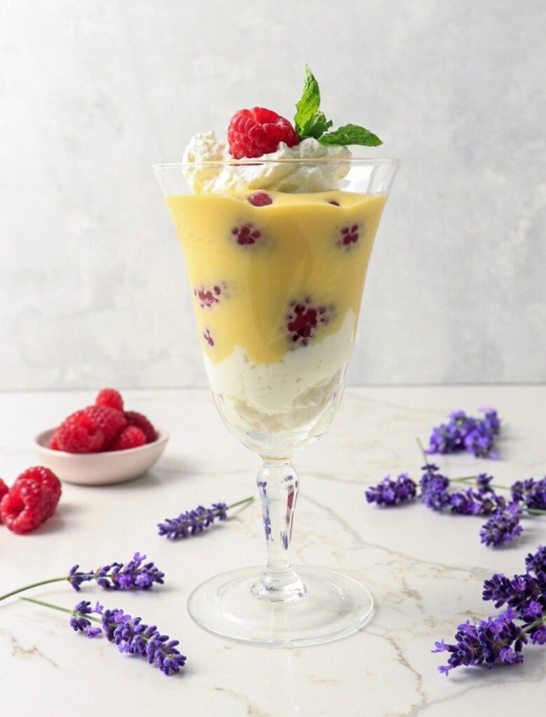Raspberries layered with lavender cream
