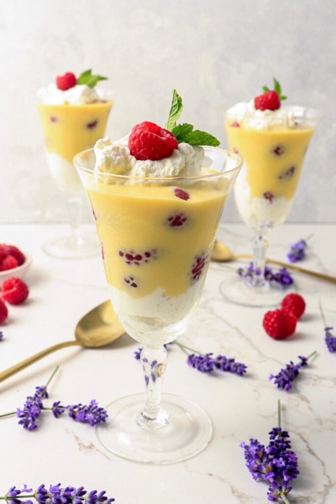 Raspberries with lavender crème anglaise