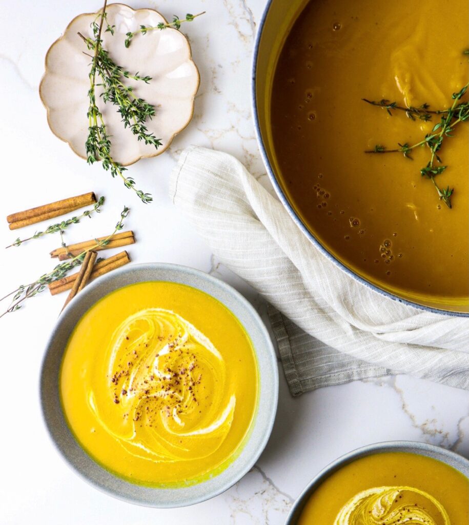 Pot of butternut squash and pumpkin soup