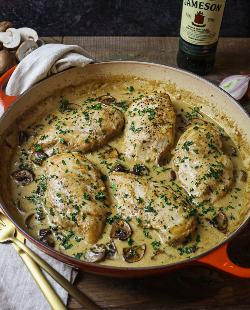 chicken breasts in a whiskey mushroom cream sauce