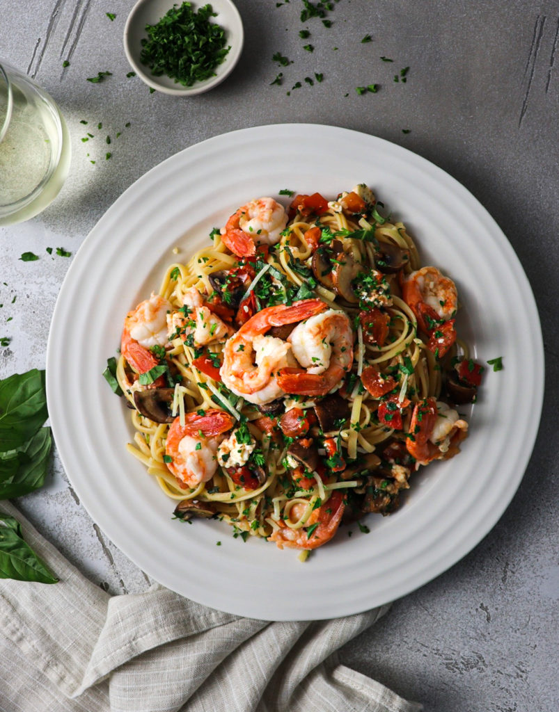 pasta feta cheese with spot prawns