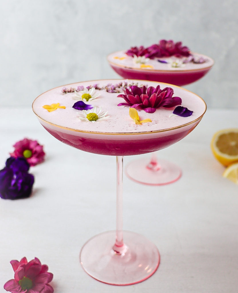 floral cocktail with lavender infused gin and hibiscus rose syrup