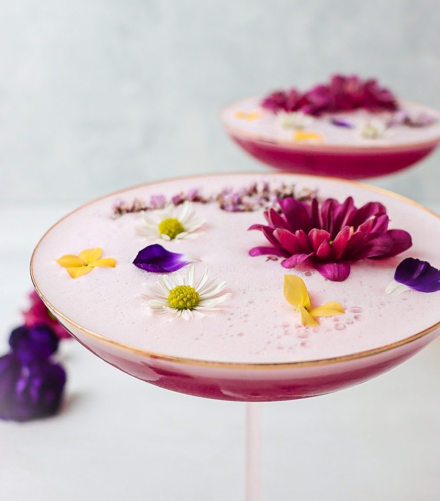 floral cocktail with lavender infused gin and hibiscus rose syrup