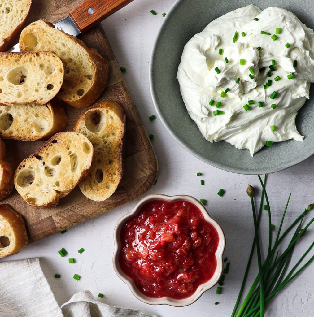 Whipped goat cheese crostini and rhubarb appetizer