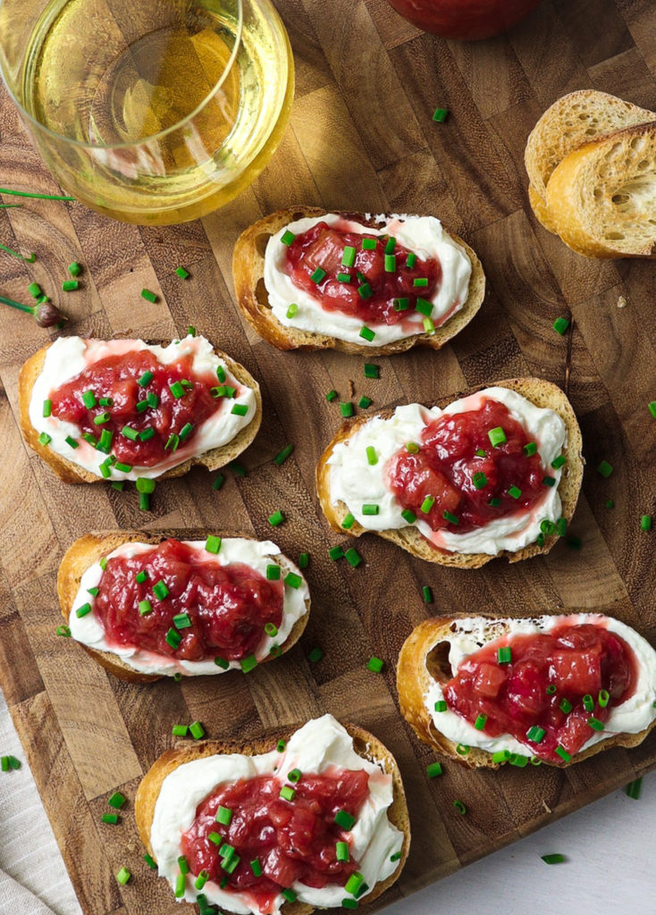 whipped goat cheese crostini and rhubarb appetizer