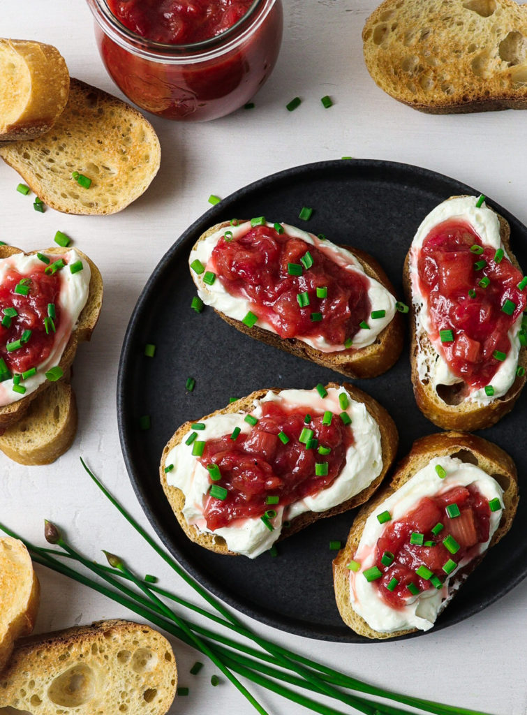 goat cheese crostini and rhubarb appetizer