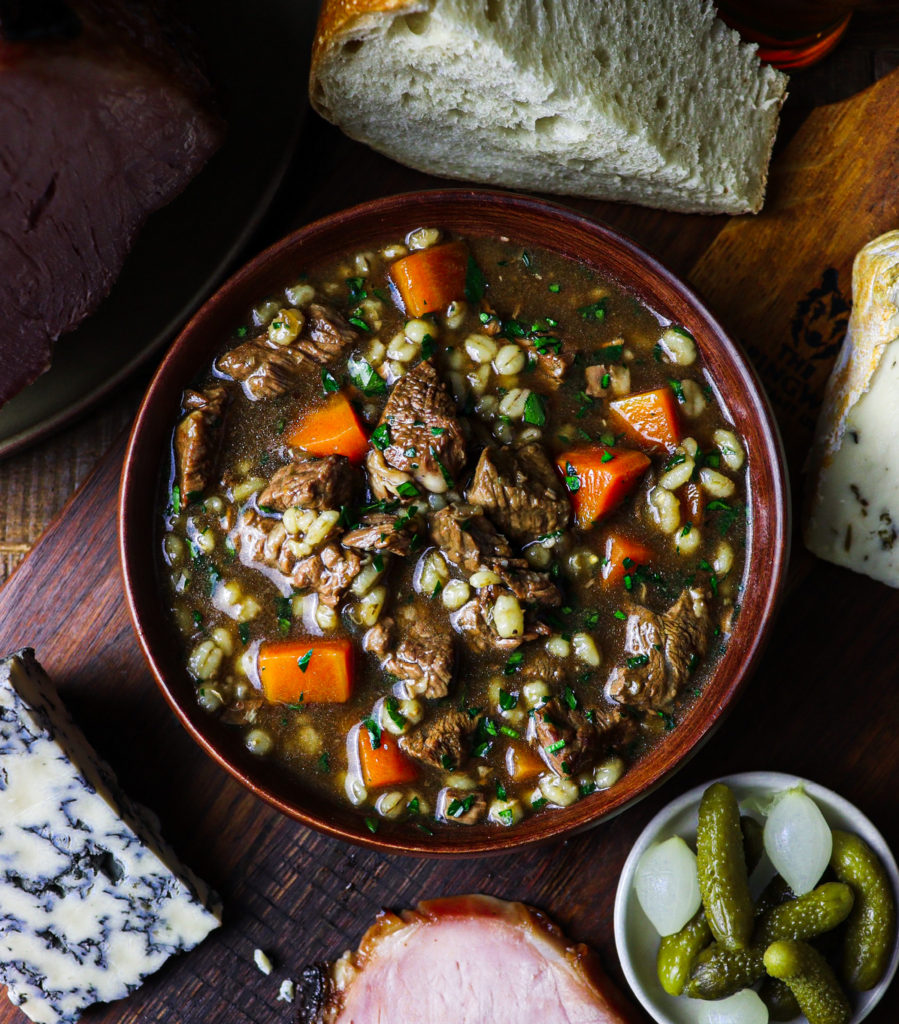 beef stout and barley soup for luncheon