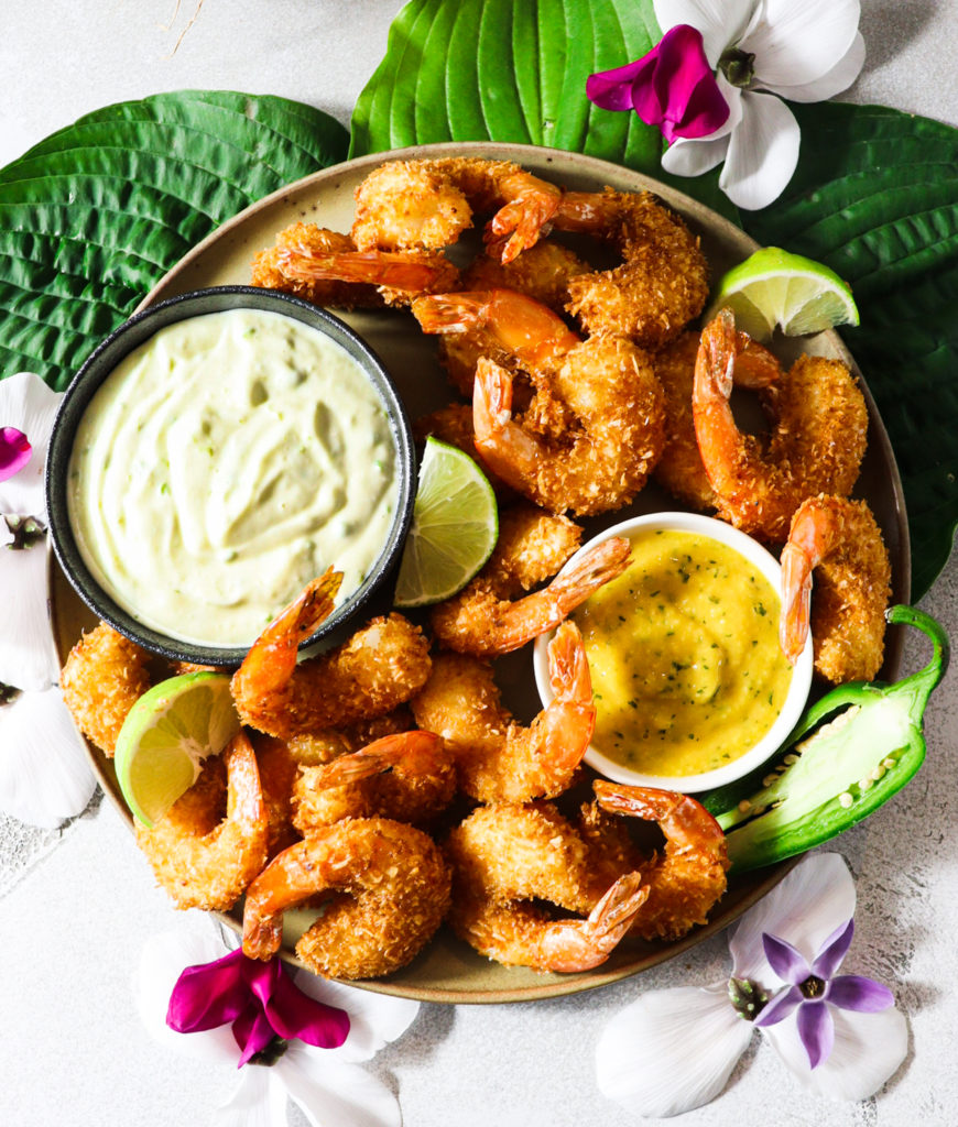 coconut prawns with mango mojito dipping sauce and chili lime aioli