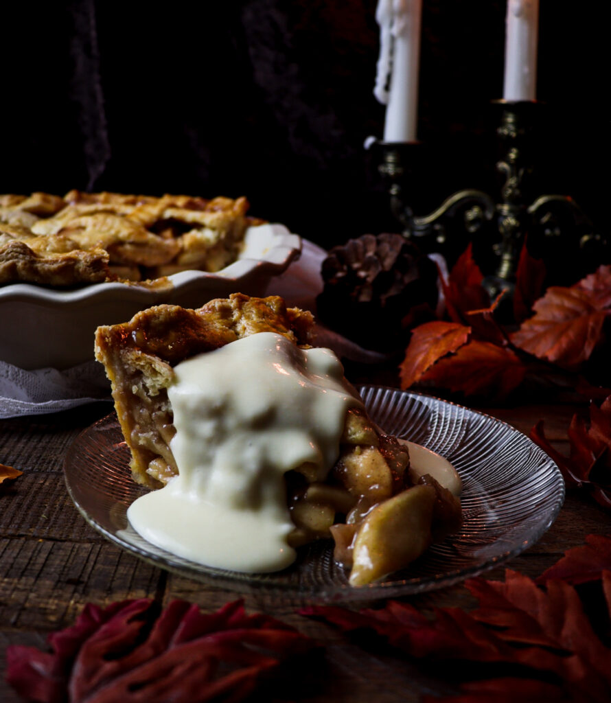 toffee apple pie with vanilla custard topping