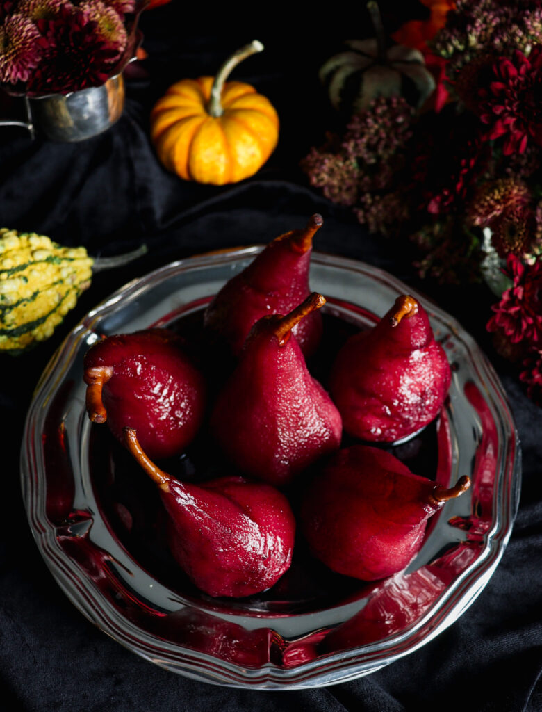 spiced wine poached pears